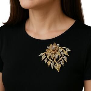 Gold/Silver Handmade Floral Leaf Brooch Vintage-Inspired Statement Pin NWB